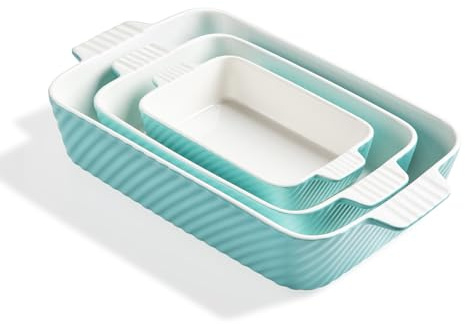 Sweejar Home Ceramic 13 x 9 Baking Pan, Cake Baking Dish Set for Brownie, Porcelain Striped Casserole Dishes for Oven with Handle for Lasagna, Family Dinner Set of 3(Turquoise)