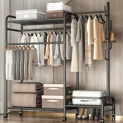 BSTHOK Heavy Duty Clothing Rail Clothes Rail Rack Closet Rails Coat Rail Wardrobe for Bedroom Free Standing Metal Hanging Garment Coat Rack Tidy Rails with Rolling Wheels (Black-Metal)