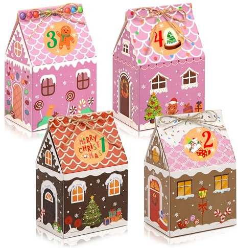 Linkidea 24 scatole regalo natalizie a forma di casa di pan di zenzero, graziose scatole per caramelle e dolcetti per la famiglia, regali per feste festive