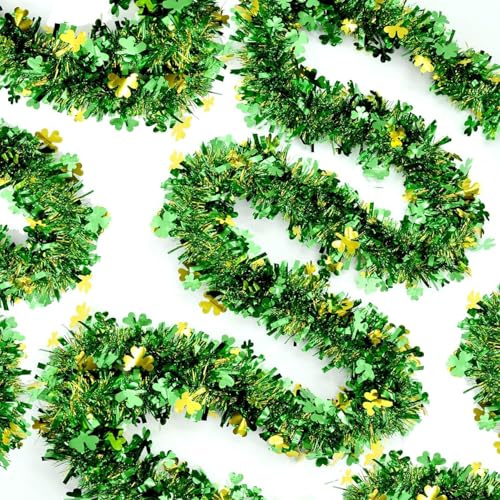 Gold Green Shamrock Tinsel Garland 33FT | Shiny Metallic Streamer Twist for Hanging St Christmas Decorations, Indoor Outdoor