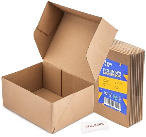 Packaging Hero 25x20x10 cm Corrugated Cardboard Mailing Boxes, Brown, with Free Clear Round Stickers (Pack of 6)