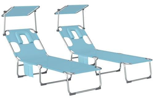 Outsunny Set de 2 Tumbonas Jardín Exterior, Tumbonas Plegables con Reposacabezas, Dosel 360°, Orificio Facial, Bolsillo Lateral, Respaldo Reclinable 5 Posiciones y Textilene 550 g/m² para Playa, Azul