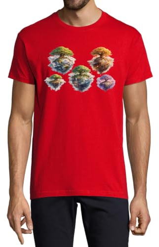 Flytande öar med frodiga träd och vattenfall rund hals bomull herr t-shirt röd