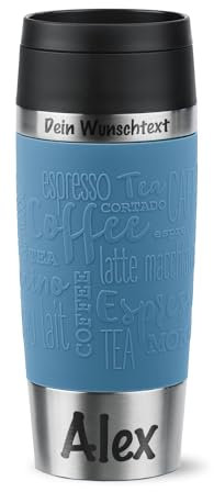 Emsa Thermobecher mit Gravur | Aquablau | 360ml Travel Mug personalisiert | 360°-Trinköffnung neuer Komfort-Schraubverschluss | Spülmaschinenfest | Hält bis 4h warm und 8h kalt | Kaffee to Go Becher