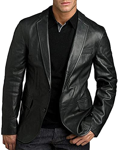 JACKETZONE Herren-Blazerjacke aus echtem Lammleder, schmale Passform, schwarzer Lederblazer für Herren, Schwarz - Lässige Blazerjacke, XXL