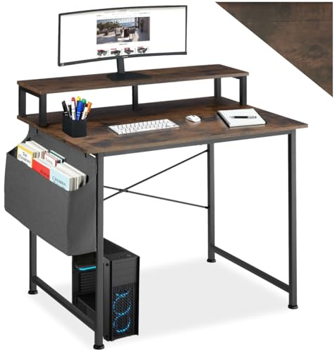 tectake® Mesa Escritorio Industrial, con Soporte Monitor y Estante Lateral, Estructura de Acero, Escritorio Oficina, Mesa Gaming - 60 x 120 x 90 cm Madera Industrial Oscura, Rústica