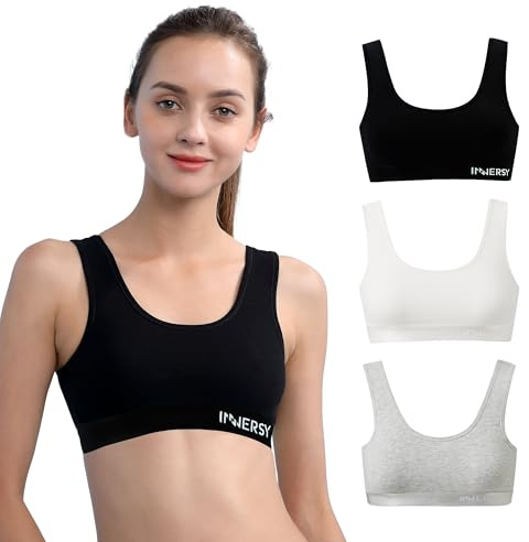 INNERSY Girls Sports Bra Crop Tops Kids Teen, XL, Basic Black/White/Grey