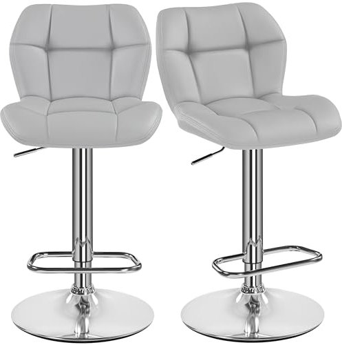 Yaheetech Barhocker 2er Set Höhenverstellbar 360°Drehbar Barstühle Küchenstühle mit Rückenlehne und Fußstütze, Barstuhl PU-Kunstleder Sitzhöhe 62,5 cm - 84,5 cm für die Küche, Hellgrau