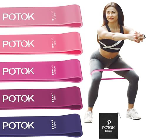 Fitnessbänder 5er Set, Potok Widerstandsbänder in 5 Stärke, Naturlatex Fitnessband Gymnastikband Resistance Bands mit Tragebeutel für Muskelaufbau Pilates Yoga