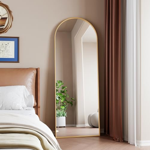 CUSTCH Miroir Complet Arqué 162 x 53 cm, Grand Miroir de Sol Pleine Longueur sur Pied, Bombé, Suspendu, Elliptique, pour Chambre Salon Entrée, Doré
