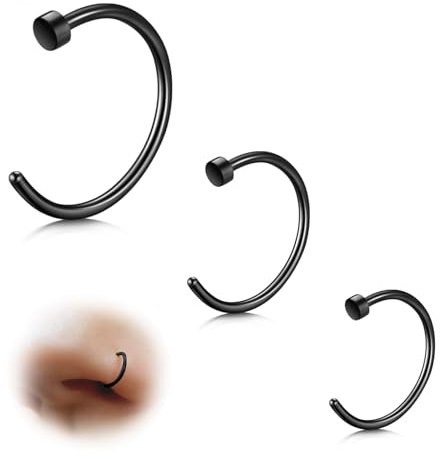 ESHIONER G23, titan, fejk, näspiercing, näsring, septum, fejk, näsring, piercing, ring, set, brosk, tunn, liten, helix, allergivänlig, 18 g, 20 g, 6 mm, 8 mm, 10 mm, svart, guld, silver, 3 st, falsk