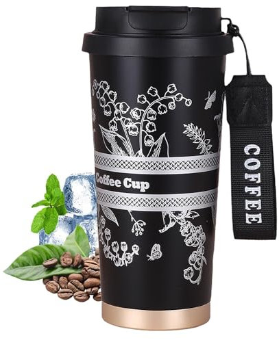 fluorehoso Kaffeebecher to go, 18oz/520ml Thermobecher- Isolierbecher, Edelstahl Travel Mug mit Auslaufsicherem Deckel, Trinkbecher,Autobecher Doppelwandig Isoliert（Schwarz）