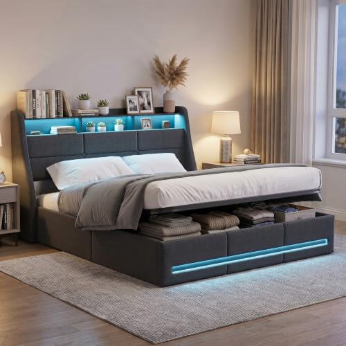 BPKADHY - Letto imbottito 140 x 200 cm, letto matrimoniale a LED con contenitore e rete, testiera con vano portaoggetti e funzione di ricarica USB, letto ad apertura idraulica,