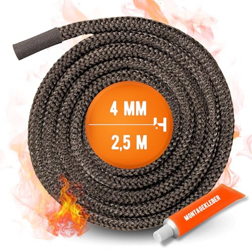 Cuerda de sellado de horno | 2,5 m de longitud | Ø 4 mm | Junta para puertas de chimenea, horno y caldera | Set incluye pegamento de alta temperatura y manguito de conexión, kit de reparación de