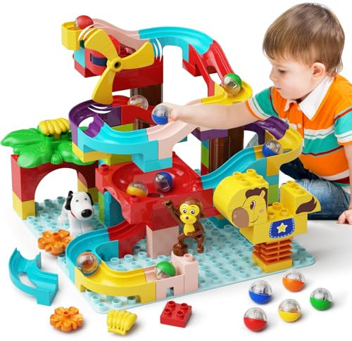 Murmelbahn Bausteine Kinder STEM Spielzeug, 3-in-1 Kugelbahn Bauset für Kinder 88 Pcs Groß Blöcke Ball Race Lernspielzeug Geburtstag Spielzeug für Jungen Mädchen 3+ Jahre