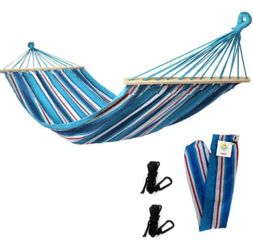 Rijoka Hamac avec barre d'écartement – 200x140 cm – Rayé bleu – 1 personne – Incl. 2 crochets, corde et sac de rangement
