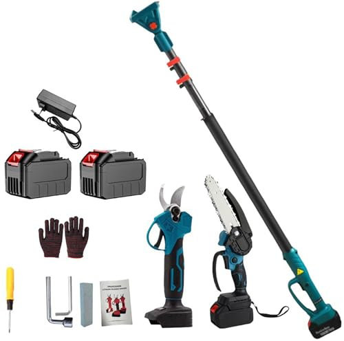 Tijeras de Podar Electricas Inalámbricas y Motosierra Electricas con Asta Telescópica de 128 a 248 cm, 4 en 1 podadora de altura con 2 baterías de 4,0 Ah (Con barra telescópica)