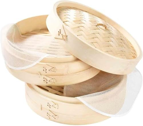 CABLEPELADO Cesta de Vapor de Bambú para Cocinar Asiático, Steamer de bambú, Canasta para vapor, Vaporera de bambú, Dim sum basket, Diámetro 13 cm, Altura 13.5 cm, 2 pisos, 325 gramos