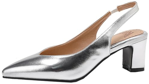 XINXINIO Sandalias de mujer con tacón de bloque de 6 cm – Zapatos de punta retro con talón abierto de piel sintética para bodas y fiestas de noche, plata, 42 EU