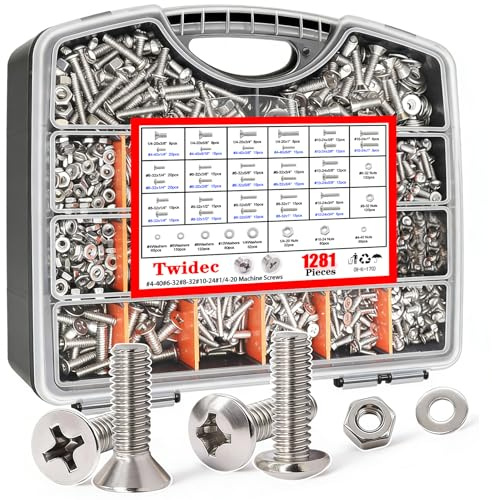 Twidec/1281PCS Nuts and Bolts Assortment Kit,Machine Screws,304 Stainless Steel Phillips Pan Head and Flat Head Screws #4-40#6-32#8-32#10-24#1/4-20 with Nuts, Bolts,Washers in the Storage Case