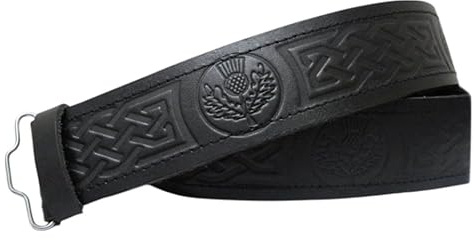 VARIETOS Scottish Kilt Belt – Genuine Leather – Traditional Highland Belt with Celtic Buckle – Adjustable & Durable (Thistle Design, X-Large (44''-48''))