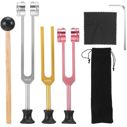 kodivenj Tuning Forks Set, Aluminium Alloy Tuning Fork 128Hz 256Hz 512Hz with Rubber Base and Silicone Hammer, Sound Healing Therapy Tool Set for Chakra Healing, Meditation and Therapy