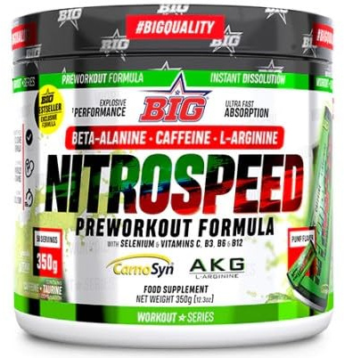 BIG - Nitrospeed Pre Entreno - Pre Workout Fuerte en Polvo con Beta-Alanina Carnosyn®, L-Arginina AKG y Citrulina Malato – Suplemento Preentreno Energía, Resistencia y Focus (Pump Flavors, 300g)