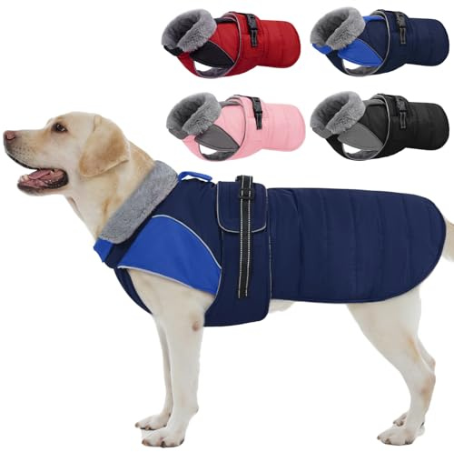 Nanaki Large Dog Coat for Winter Waterproof, Warm Fleece Lining Reflective Large Dog Jacket with Leash Hole, Furry Collar Cold Weather Puppy Vest Outdoor Walking Hunting Easy On Pet Snowsuit Blue 2XL