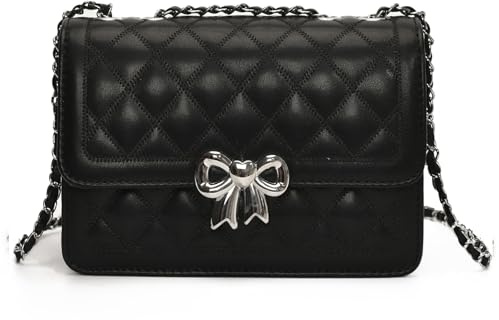 JANSBEN Handtasche Damen Klein - Kleine Umhängetasche Leder Crossbody Bag mit Kettenriemen Gesteppte Mehrere Fächer Tasche Schwarz