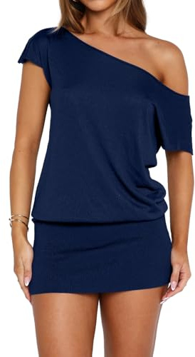 LEEDYA Women Off The Shoulder Mini Dress Sexy Short Sleeve Bodycon Dresses | Asymmetrical Neck Solid Top Dress, Summer Y2k Short Sleeve Off The Shoulder Dress,Elegant Off Shoulder Cocktail Party Dresses