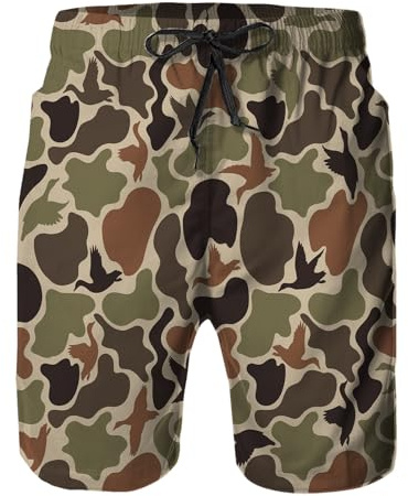 Mens Swim Trunks with Mesh Lining,Camo Duck Hunting Brown Quick Dry Swimsuit Board Shorts Beach Pants Swimwear Bathing Suits 2XL