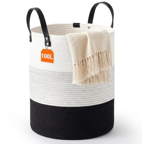 Panier à Linge 100L en Corde de Coton Panier Linge Grand Corbeille Tissée Panier de Rangement Jouets – Panier à linge avec Poignées pour Maison, Résistant & Stylé