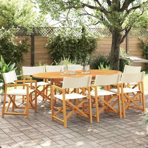 LoogCape Folding Garden Chairs Pack of 8 Cream White with Acacia Wood Frame and Breathable Fabric, Stackable, Ideal as a Balcony Chair, Patio Chair, Camping Chair for Relaxed Outdoor Moments