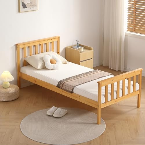 COMFY LIVING 3ft Single Bed Frame, Atlantis Style Wooden Single Bed for Adults Kids Teenagers, High Footboard, Pine Wood, Caramel (No Mattress)