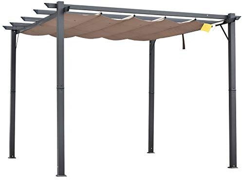Outsunny 3 x 3(m) Pergola with Retractable Roof Canopy, Aluminium Frame Garden Gazebo Outdoor Sun Shade Shelter for Grill, Patio, Brown
