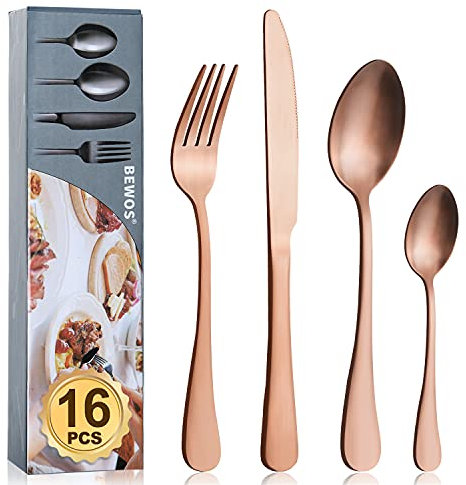 Cutlery Set, BEWOS 16-Piece Stainless Steel Flatware Set, Tableware Silverware Set with Matt Rose Gold Spoon Knife and Fork Set, Service for 4, Dishwasher Safe/Easy Clean