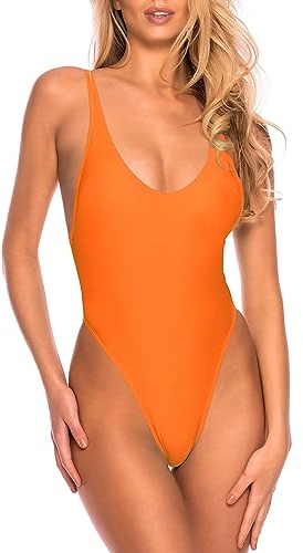 RELLECIGA Maillot de Bain Une pièce String pour Femme, Orange, Taille S
