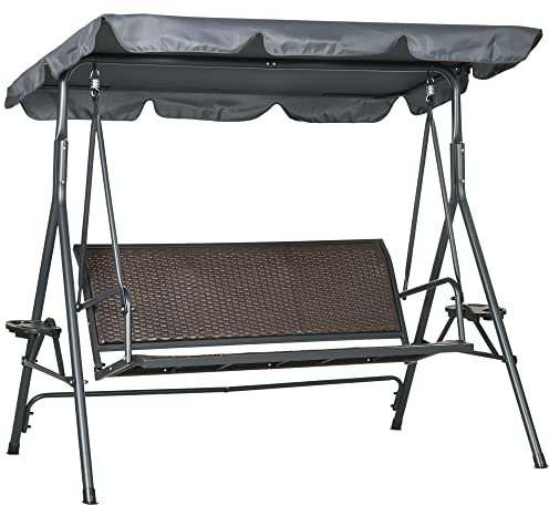 Outsunny Dondolo da Giardino 3 Posti in Rattan PE con Tettuccio Parasole Regolabile e Portabicchieri, Dondolo da Esterno con Telaio in Acciaio, Portata 320 kg, 204x112x150 cm, Grigio Scuro