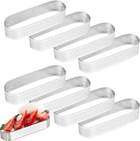 Torribaly Lot de 8 anneaux à tartelettes ovales avec trous, en acier inoxydable, anneaux à dessert, moules à tartelettes, moules à tartelettes, moules à tartelettes (9,4 x 2,8 x 2 cm)