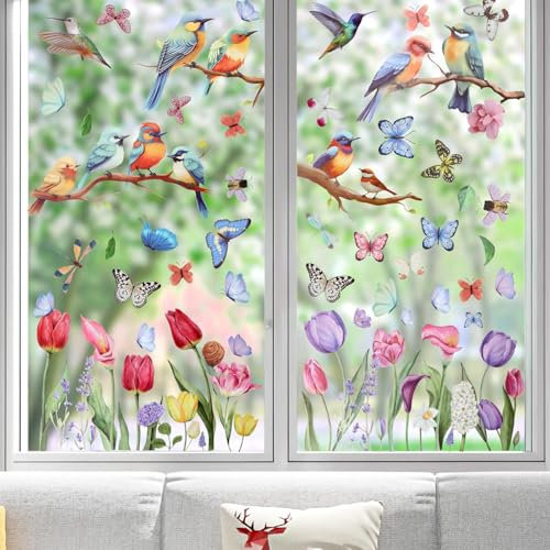 MARFOREVER Fensterbilder Frühling Deko Selbstklebend, 9 Blätter Fenstersticker Doppelseitig Fensteraufkleber Blumen Vögel Schmetterling Aufkleber Fensterdeko Wiederverwendbar Fensterfolie Glas