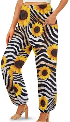 Suobstales Sunflower Stripe Print Harem Pants for Women Girls Ladies Casual Yoga Pants Sweatpants with Pockets Soft Tai Chi Pants Baggy Loose Bloomer Pants, Size XL