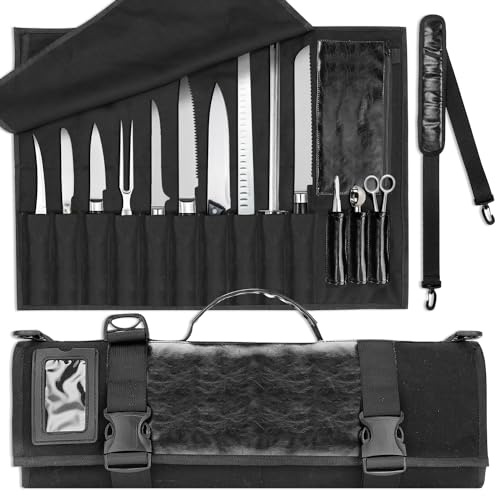 WISEPRO Sac à couteaux de chef, étui à couteaux en toile et cuir robuste avec 10 emplacements et 1 sac de rangement amovible, pour la maison, la cuisine, le camping, la randonnée, Noir , 6.29x19in