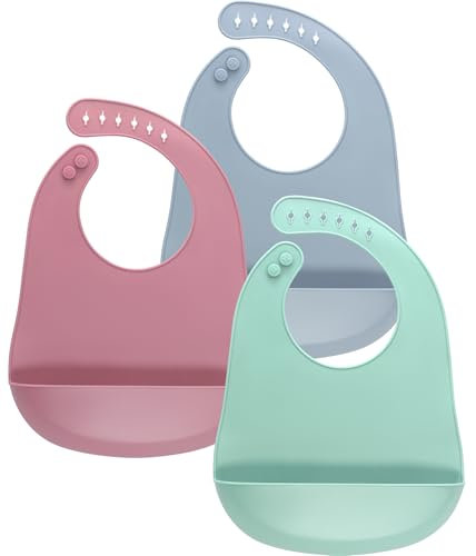 MOJINL Silikon Lätzchen Baby mit Auffangschale, BPA Frei Babylätzchen, Einstellbares Silikonlätzchen, Abwaschbares Fütterlätzchen für Babys Kleinkinder Jungen Mädchen Kinder (Rosa+Fernblau+Minzgrün)