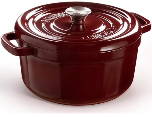 Overmont Bräter Emailliert Gusseisen Topf - Dutch Oven 26cm backofengeeignet mit Deckel und Kochbuch - für Braten Küche Backen Schmoren Dunkelrot