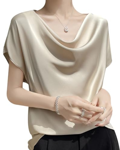 Blusas de satén para mujer, camisas de seda de manga corta, cuello redondo, blusas casuales de verano, champán, 42-44