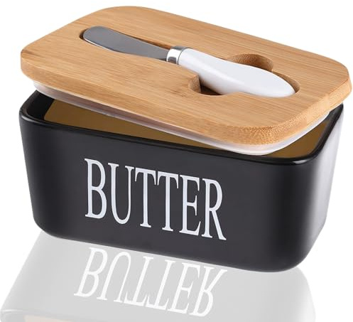 Butter Dish, Ceramic Butter Dish with Bamboo Lid and Cutter, Black | Porcelain Butter Box with Metal Knife, 650ml Storage Butter Container for Nuts Cheese ( 17.1x11x7.5cm )