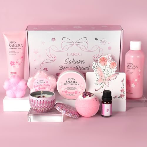 LAIKOU Kit Bagnoschiuma e Crema Corpo, 9 Pezzi Set per il Bagno e la Cura del Corpo - Gel Doccia, Lozione, Sapone, Body Butter, Bombe da Bagno, Candele Profumate
