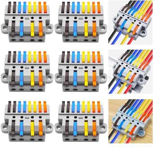 CESFONJER 4-in-8-out Lever Terminal Block Kit, Quad Input to Eight Output Splicing Connectors, DIN Rail/Screw Fix, 28-12AWG Conductor, 6 Pack with Mounting Hardware
