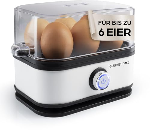 GOURMETmaxx Äggkokare för 6 ägg | Äggkokare med äggpinne i mätkoppen | Med 3 matlagningsnivåer - för varje äggkopp | Vit design - delar som kan tvättas i diskmaskin