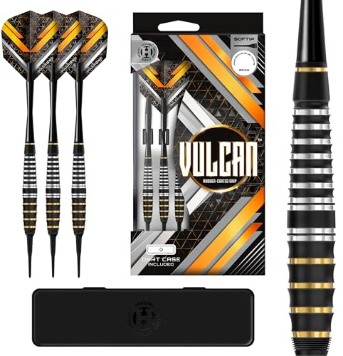 Harrows Vulcan mässing softtip dart set – 18 g & 20 g – gummigrepp fat med Speedline Shafts, Vulcan Flights & Dartcase – robusta softtip dart för nybörjare och elektroniska dartboards – 20 g